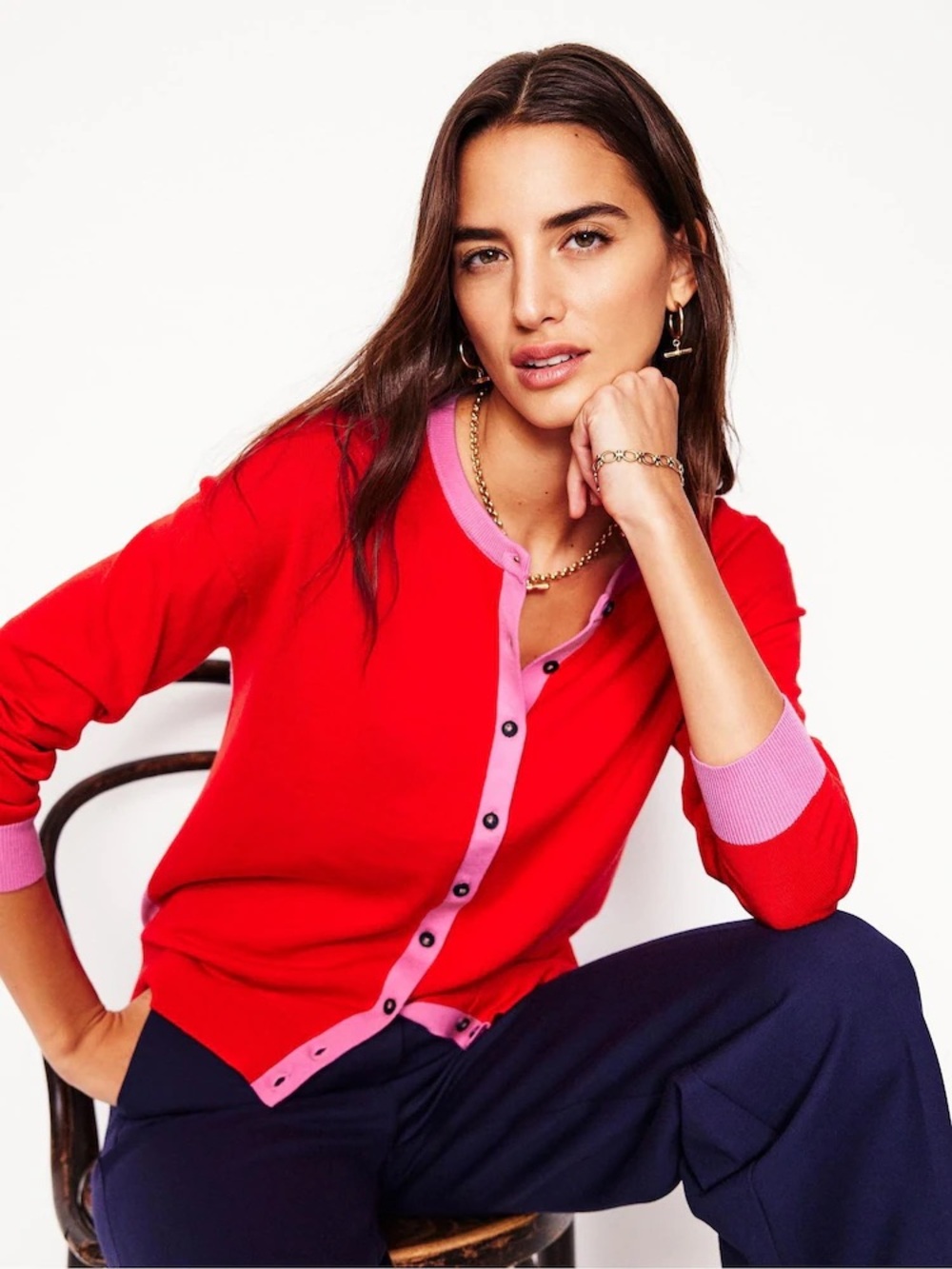 Boden Red Pink Colorblock Button Down Cardigan Sweater